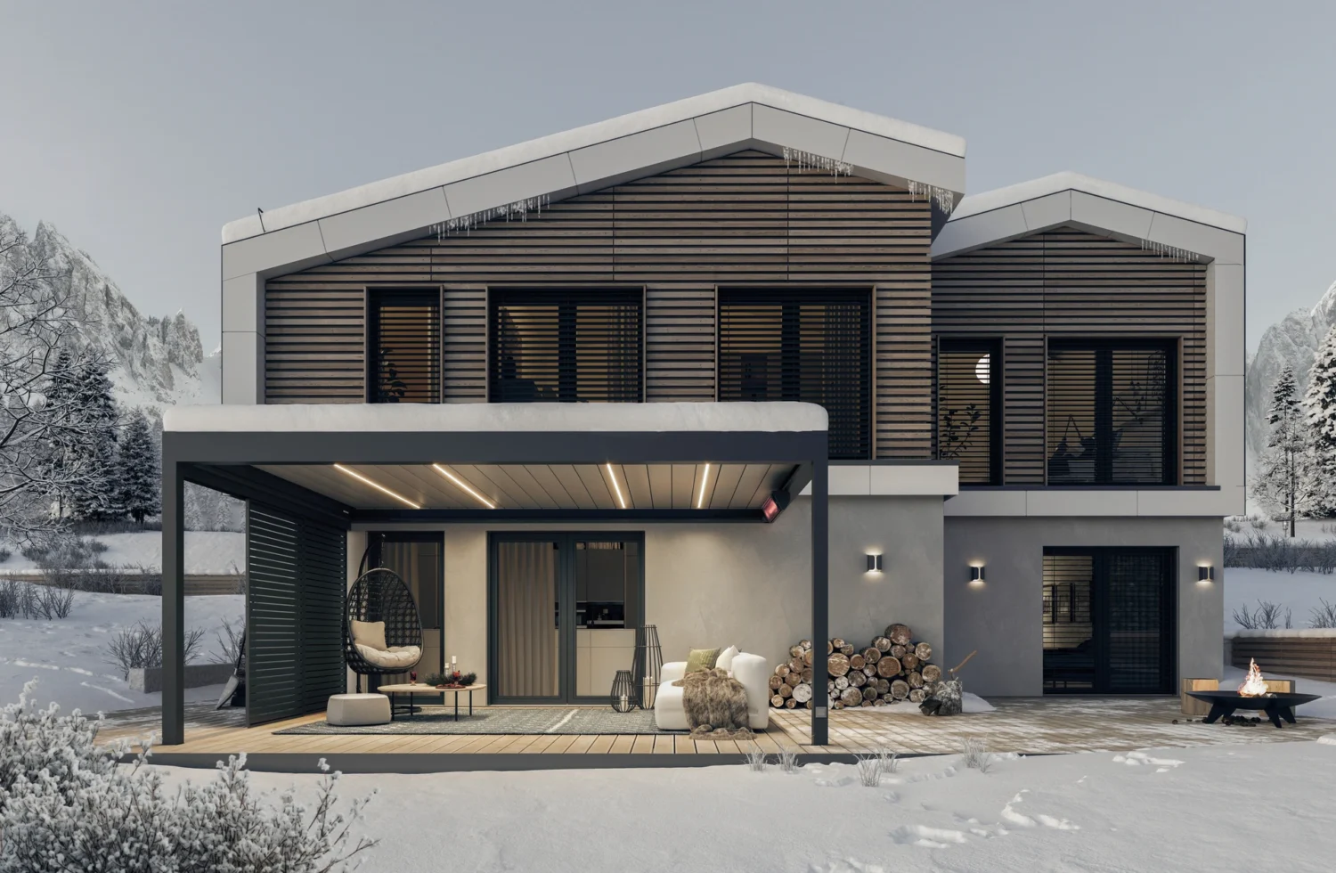 Modernes Holzhaus mit Terrasse im verschneiten Winter
