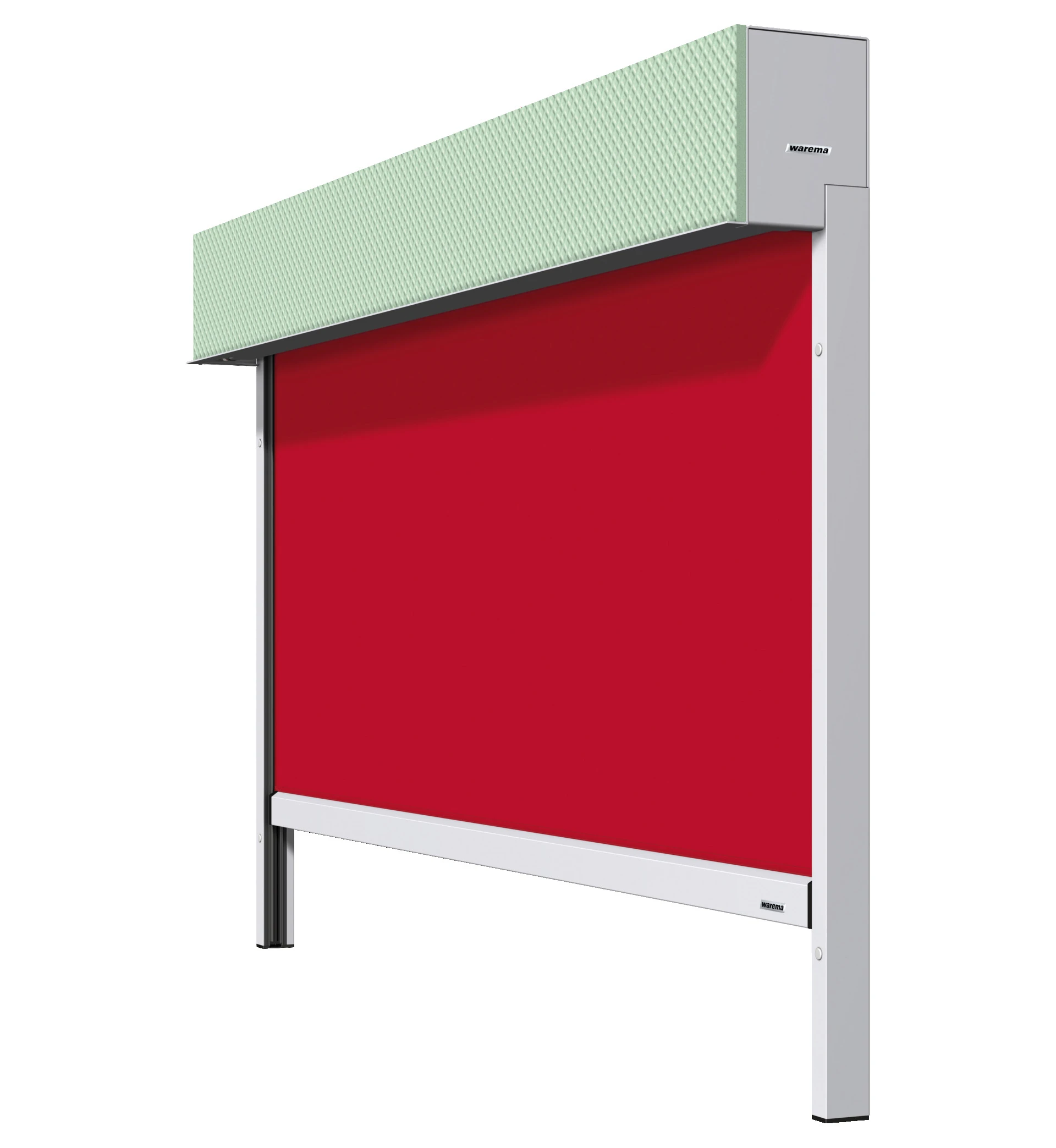 Markise in Rot mit grünem Kasten